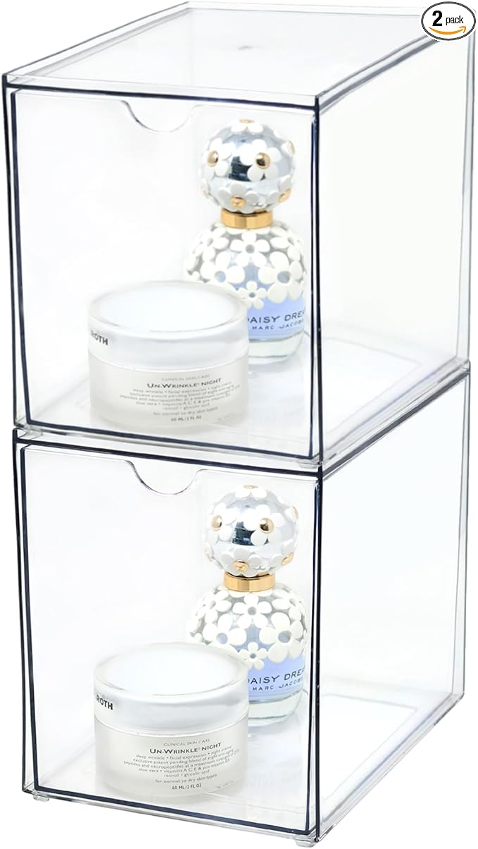 Youngever 2 Pack Large Stackable Organizer Drawers, Stackable Makeup Organizer, Stackable Makeup Storage, Clear Cosmetic Organizers, Makeup Organizer Drawers (6" x 8" x 7")