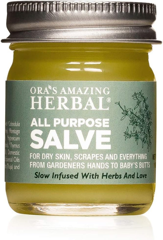 Ora's Amazing Herbal All Purpose Salve, Natural Healing Ointment, Tea Tree Balm, Comfrey Calendula Thyme Plantain, Hand Salve, Rash Cream, Dry Skin Repair, Itch Relief, 1 oz Glass Jar