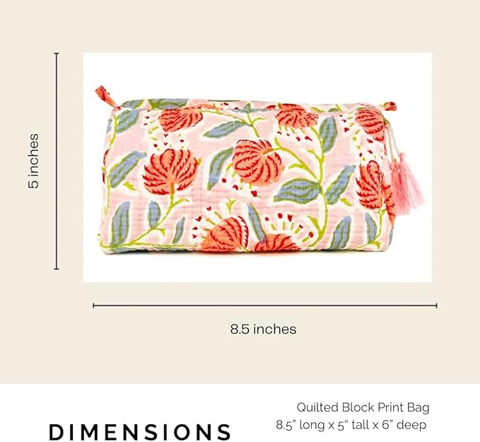 Block Print Designer Toiletry Bag & Makeup Case - Boho Floral Quilted Pouch for Cosmetics, Skincare - Waterproof Lined Organizer for Diaper Bag, Purse, Travel, Gift, Pencils (Pink Multi Floral)