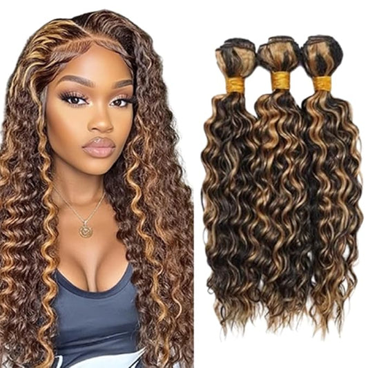 P1B27 Blonde Highlight Weave Curly Hair Bundles Black and Honey Blonde Curly Human Hair Bundles two tone Brazilian Human Hair Weave Soft and Silky for Black Women 16 18 20 Inch