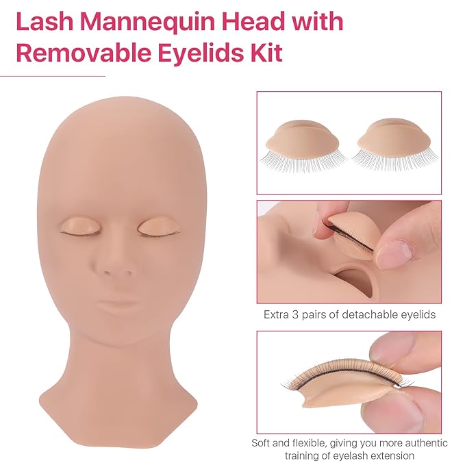 Pretty memory Eyelash Extension Kit for Beginners, Lash Extension Training Kit with Silicone Mannequin Head Removable Eyelids for Makeup and Eyelash Graft Practice