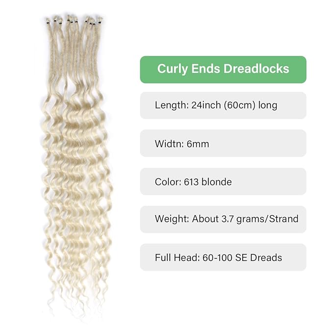 24 In 30 Strands Curly Dreadlock Extensions, 613 Blonde Synthetic Single Ended Dreads Extensions, 100% Handmade Dreads Hippie Style Dreadlocks for Woman