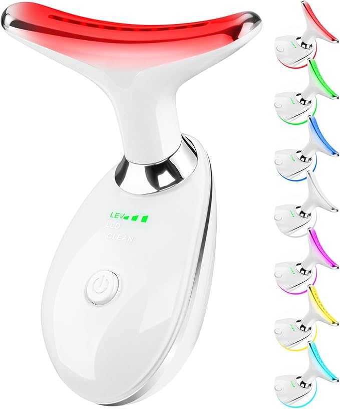Face and Neck Massager Tool, 7 Colors LED Light Therapy Wand for Wrinkles, Double Chin, Portable Facial Massager with Vibrating and Thermals for Skin Care, Glossy White