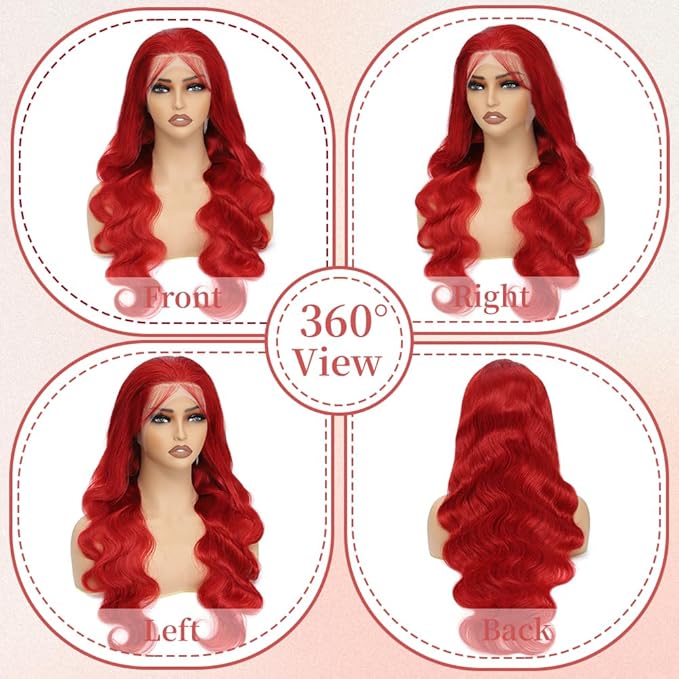 26 Inch Red Lace Front Wigs Human Hair Pre Plucked 13x4 Body Wave Colored Red Human Hair Wig HD Lace Frontal Wigs Human Hair Red Wig Human Hair 180% Density Glueless Wigs Human Hair
