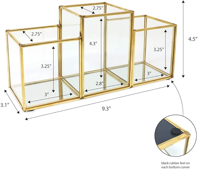 Isaac Jacobs 3-Compartment Makeup Brush Holder, Vintage Style Brass and Glass Organizer, (9.3” L x 3.1" W x 4.5" H) Storage Solution with Mirror Base & Taller Center Slot, for Makeup, Crafts, & More
