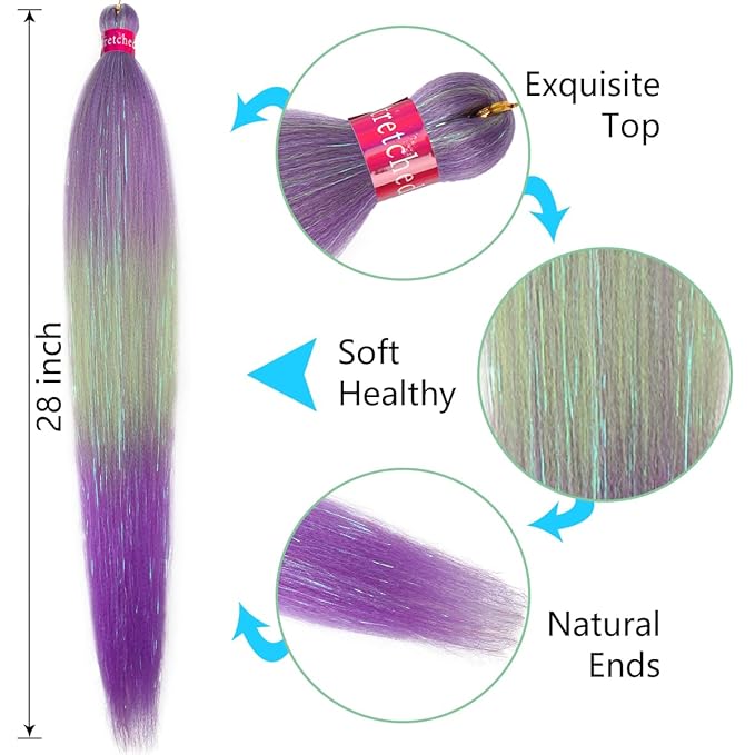 Upgraded Braiding Hair Extension Mix Tinsel, Pre Stretched Braiding Hair for Braiding Twist Braids Itch Free Hot Water Setting Yaki Straight Synthetic Hair