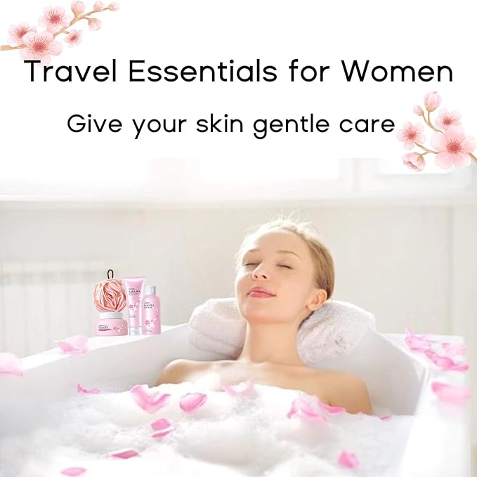 Japanese Sakura Bath Sets for Women Gift - Mother's Day Gifts for Mom - Travel Essentials for Women - Skincare for Girls 10-12 - with Scrub Body Lotion(One Size, 4PCS Sakura Scent)