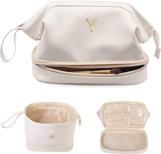 Travel Essentials for Friends Female Mom, Personalized Makeup Bag, Double Layer Cosmetic Bag with Makeup Brush Organizer, Waterproof, Large Capacity PU Leather Toiletry Bag Customized Gifts