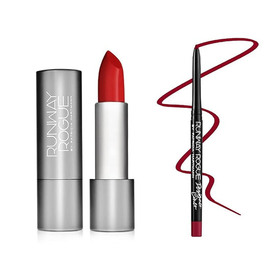 Runway Rogue ‘Red Carpet’ Matte Classic True Red 90s Vibe Lipstick Bundle with ‘In the Press’ Crimson Dark Red Designer Liner Lip Liner Pencil and Sharpener