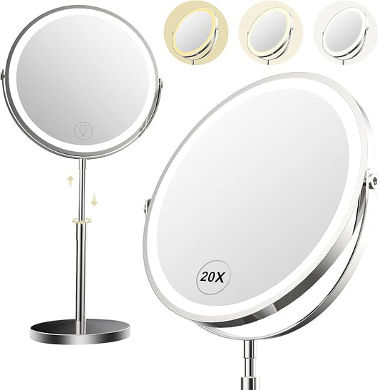 9" Makeup Mirror with Lights, 1x/20x360° Rotation Vanity Mirror, 5000mAh Rechargeable Double Sided Mirror with 3 Colors, Brightness Adjustable Lighted Makeup Mirror with Magnification, Women Gift