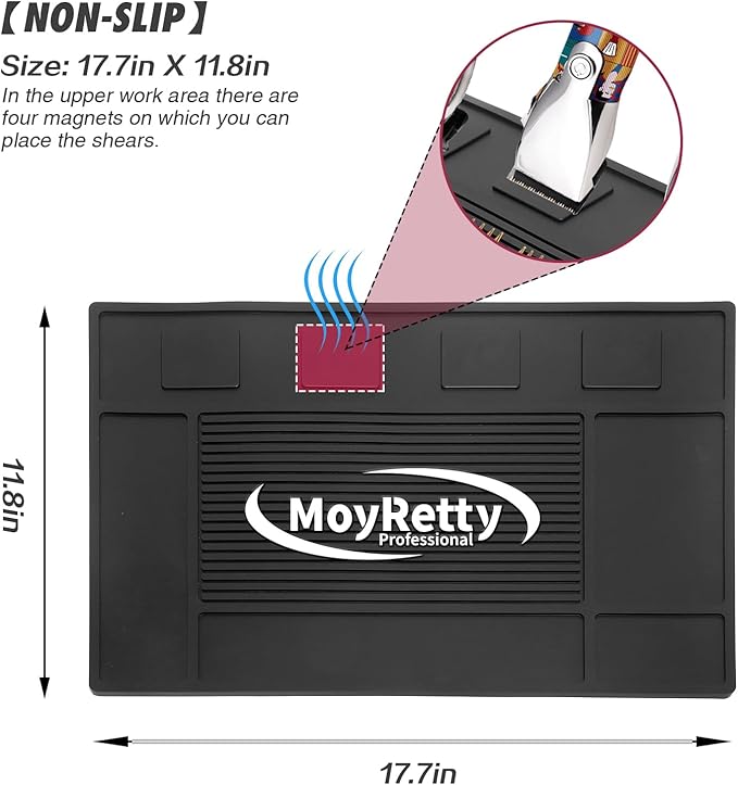 MoyRetty Magnetic Barber Organizer Mat for Clippers(17.7'' x 11.8''), Professional Anti-Slip Heat-Resistant Silicone Pad for Hair Stylist Supplies- 4 Magnets
