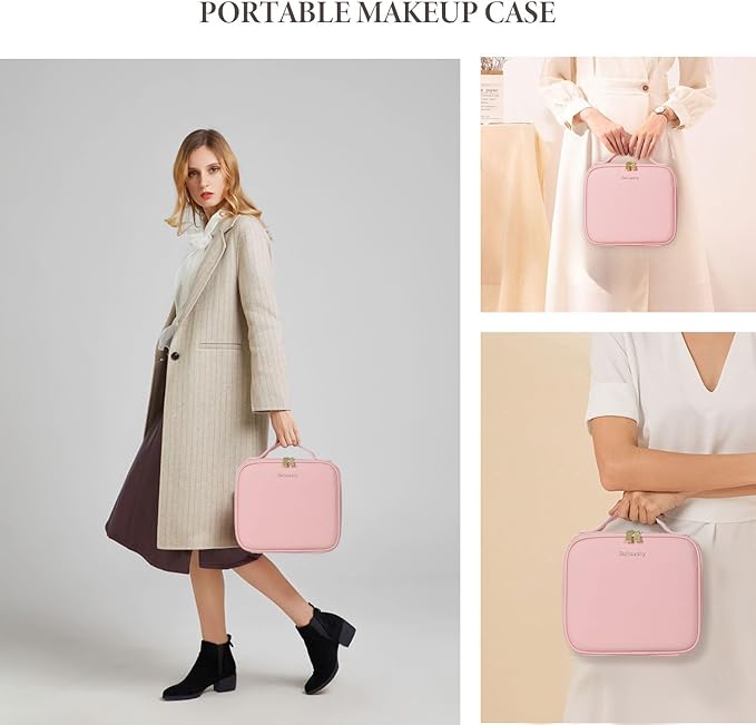 Travel Makeup Bag with LED Lighted Mirror, Cosmetic Makeup Organizer Bag with 3 Color Setting, Makeup Train Case with Adjustable Dividers for Women Makeup Brushes Jewelry Accessories (Pink)