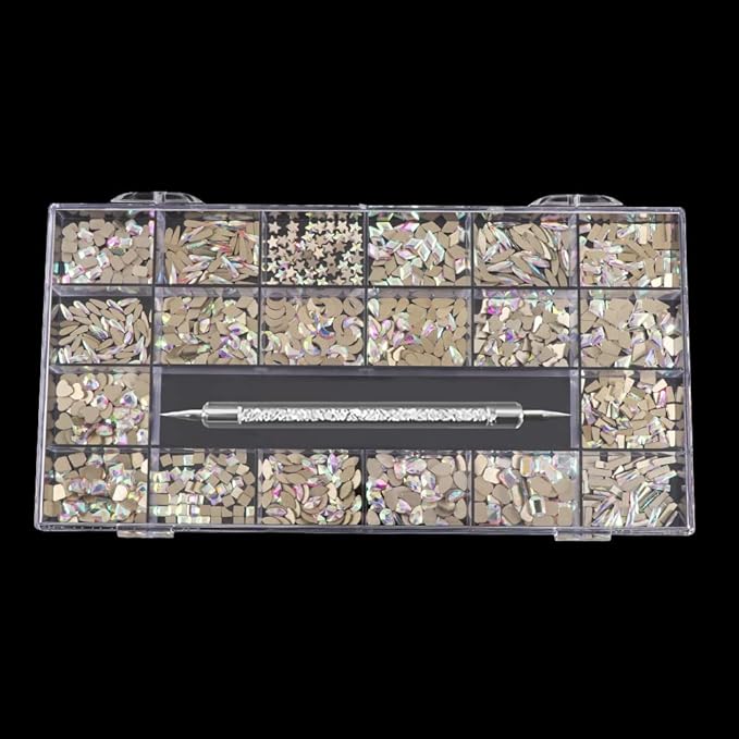 3100Pcs Nail Crystal Rhinestones Kit, Mix Shapes AB Glass, 3D Diamonds Flatback Crystals, with a Drill Pen, Nail Crystal Non Hotfix, Nail Art Decoration(Silver)