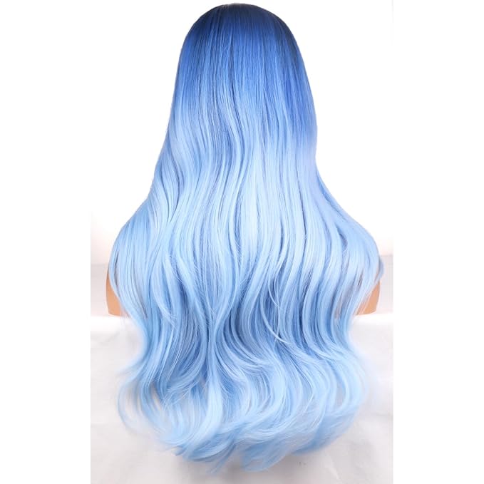 BERON Blue Wigs Long Wavy Wig for Women Girls Blue Ombre Colored Heat Resistant Synthetic Hair Wigs for Cosplay Party Daily or Use