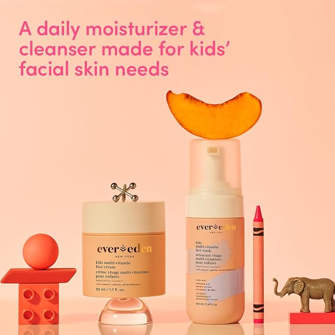 Evereden Kids Happy Face Duo (Cool Peach) - Multi-Vitamin Kids Face Wash & Cream Set - Clean, Vegan Skin Care for 3+ - Moisturizing, Nourishing, Protective