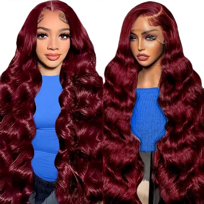 99J Burgundy Lace Front Wigs Human Hair Red Wig 24 Inch Burgundy Wig Human Hair 13x4 HD Body Wave Lace Front Wigs Human Hair 180 Density Pre Plucked Glueless Frontal Wigs Human Hair for Women