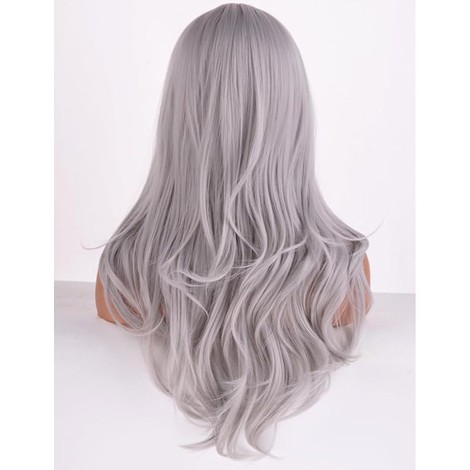 BERON Silver Wigs Long Wavy Wig for Women Natural Curly Gray Heat Resistant Synthetic Hair Wigs for Cosplay Party Daily or Use
