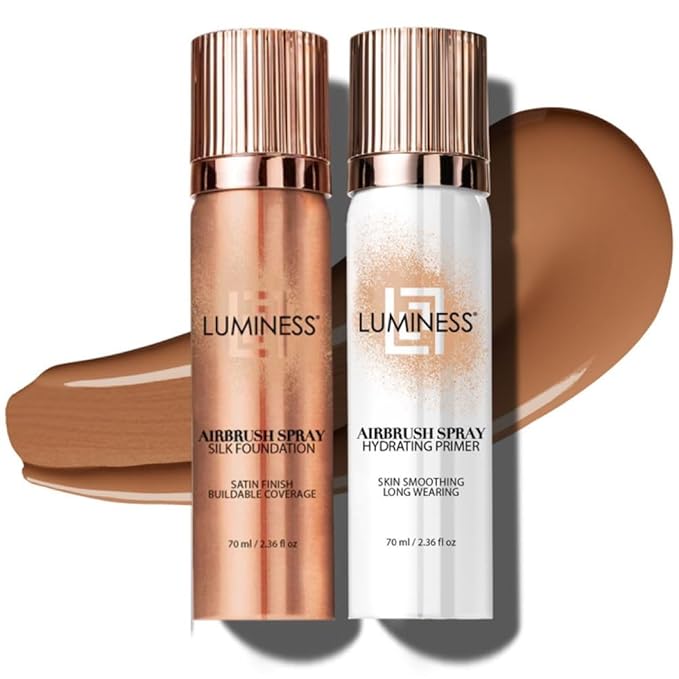 LUMINESS Silk Airbrush Spray Foundation & Primer Kit - Full Coverage Foundation, Anti-Aging Formula Hydrates & Moisturizes with Hyaluronic Acid, Aloe Vera & Hydrolyzed Silk (Shade - Tan)