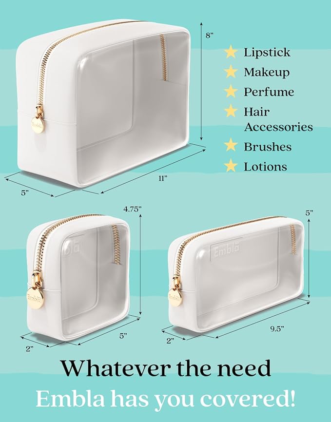 Clear Cosmetic Bags Set of 3, Mini Small Large Makeup Bags For Women Clear Pouch Cosmetics Cases Zipper Cute Pouches Make Up Travel Toiletry Essentials Preppy Purse Organizer Makeup Cases, White