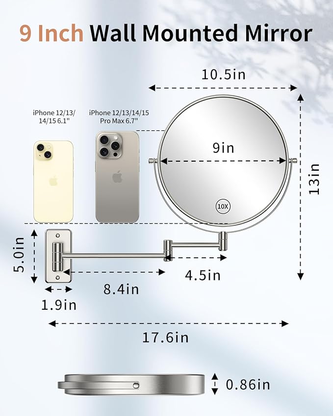 Benbilry 9" Large Size Wall Mounted Makeup Vanity Mirror, 1X/10X Magnifying Double Sided Shaving Mirror for Bathroom, 360° Swivel Extendable Arm Nickel Finish