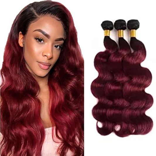 Ombre Burgundy Human Hair Body Wave Bundles 1B99j Body Wave Bundles Black to Burgundy two tone Brazilian Human Hair Weave Wet and Wavy for Women 8 10 12 Inch