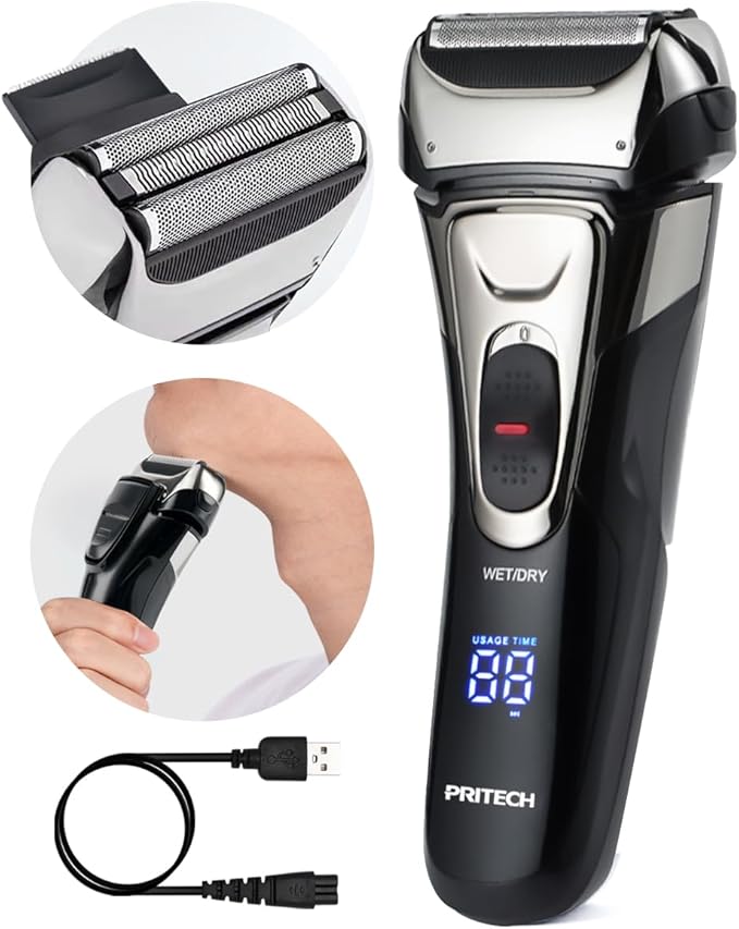 PRITECH Electric Razor for Men, Waterproof Foil Electric Shavers with Beard Trimmer, Cordless Rechargeable Razor for Shaving Face, LED Display Wet Dry Use