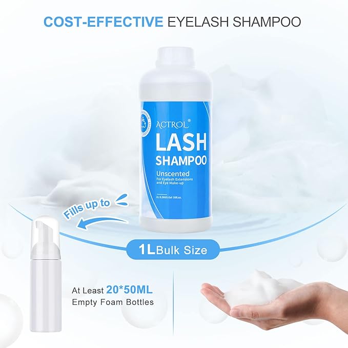 Eyelash Extension Cleanser Unscented 1L Natural Lash Extension Shampoo Professional Eyelid Foaming Cleanser Paraben & Sulfate Free Non-lrritating with Salon and Home Care