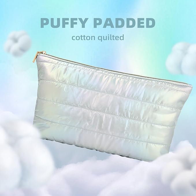 Hiroyuki 3pcs Iridescent Quilted Makeup Bag (plain, cyan)