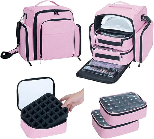Nail Polish Organizer Case Holds 60 Bottles Portable Travel Storage Box with 2 Detachable Bags, Designed for Women's Nail Tools, Essential Oils and Cosmetics Sets Pink