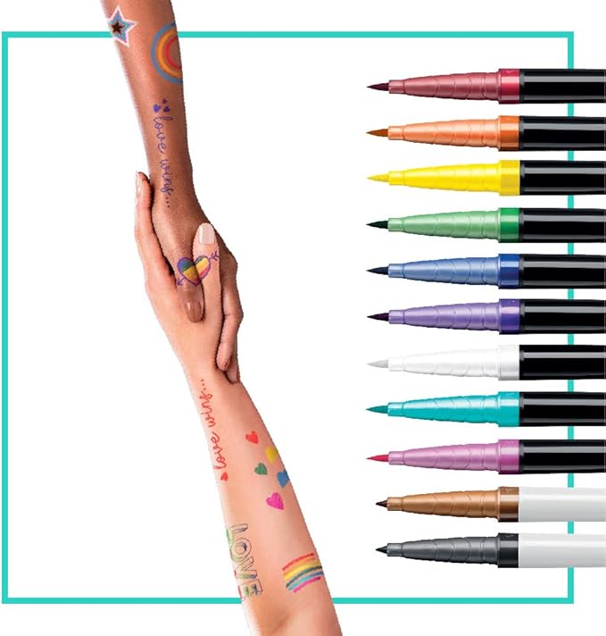 BODYMARK BIC Temporary Tattoo Markers for Skin, Pride Pack, Flexible Brush Tip, 11-Count Pack of Assorted Colors, Skin-Safe, Cosmetic Quality, Unique Gifts