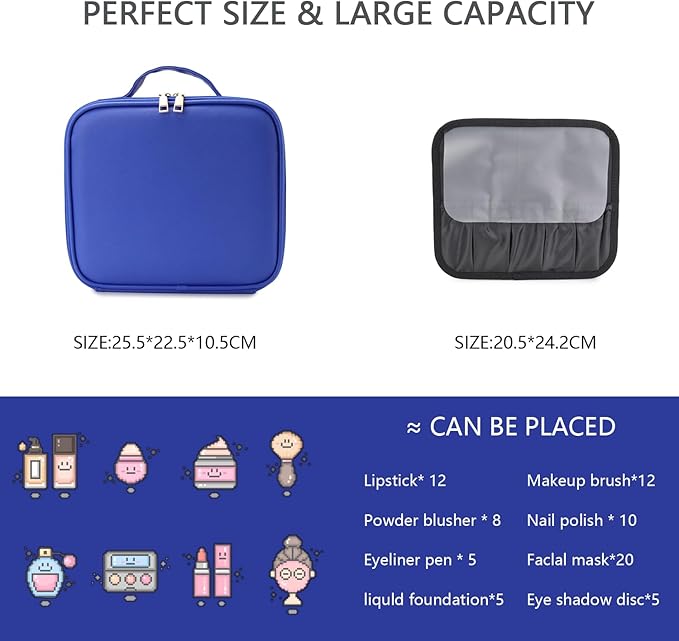 Travel Makeup Bag with LED Lighted Mirror,Cosmetics Organizer, Makeup Bag with 3 Color Lighted Setting, Portable Storage and Adjustable Dividers Travel Makeup Bag(dark blue)