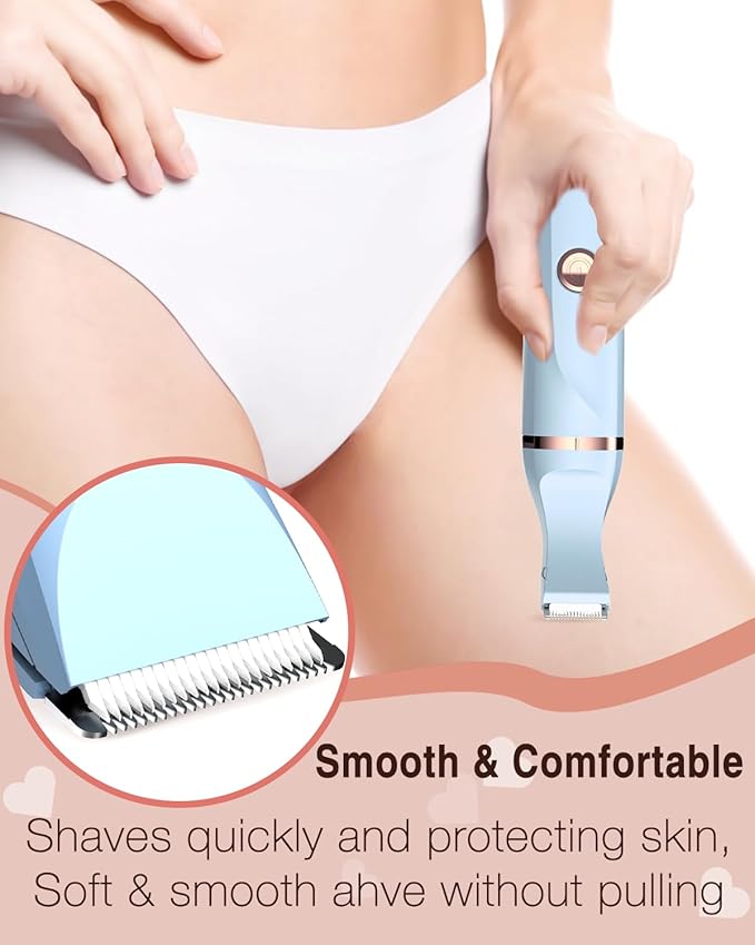Bikini Trimmer for Women,Electric Razor for Pubic Hair,Rechargeable Bikini Trimmer,Electric Shaver for Women,Removal with Snap-in Ceramic Blades IPX7 Washable Head,Wet and Dry Use, Light Blue