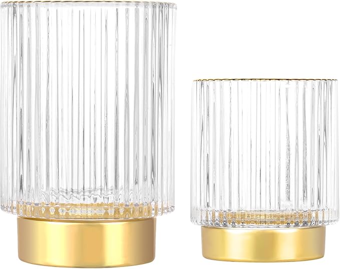 DASITON Makeup Brush holder Organizer,Crystal Cosmetic Makeup Brush Glass Brushes Storage Holder, Vintage Make Up Brush Cup Pen Pencil Holder striped vase(Clear S+L)