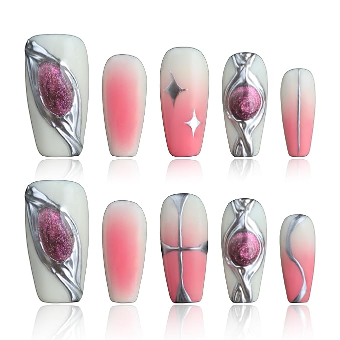 Handmade Nails Press On, Coffin Nails, Acrylic Press On Nails, Medium Press On Nails, Pink Nails Press On, Fake Nails With Designs, Reusable Nails, Women Gifts, COOLYOUNG Nails, 10 PCS, Size S