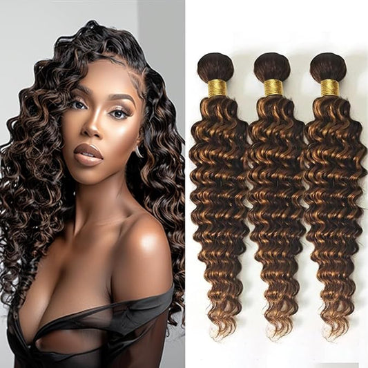 Ombre Human Hair P1B30 Highlight Deep Wave Bundles Two Tone Black Mixed With Light Brown Deep Curly Bundles Brazilian Human Hair Extensions Soft and Silky for Women 22 24 26 Inch
