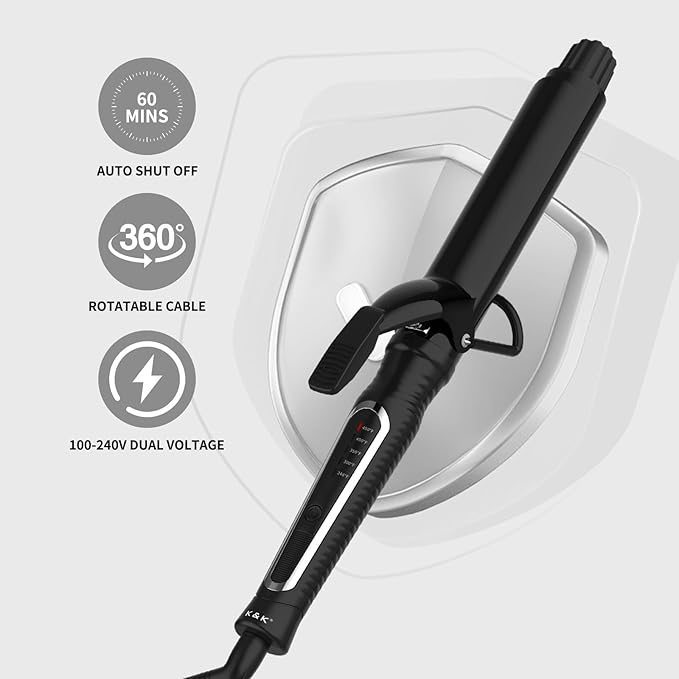 1 1/4 Inch Curling Iron with clamp Hair Curler Ceramic Coating 7INCH Long Barrel Adjustable Temp LED Display for Long Hair MCH Instant Heat up to 450°F Professional Curling Wand Dual Voltage