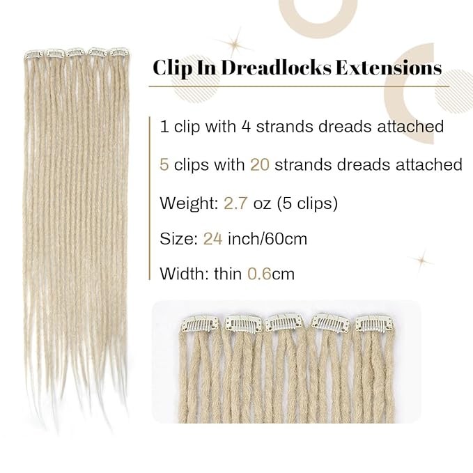 5 PCS Clip In Dreadlock Extensions, 24 inch 20 Strands 613 Blonde Synthetic Clip In Dreads Extensions for Woman