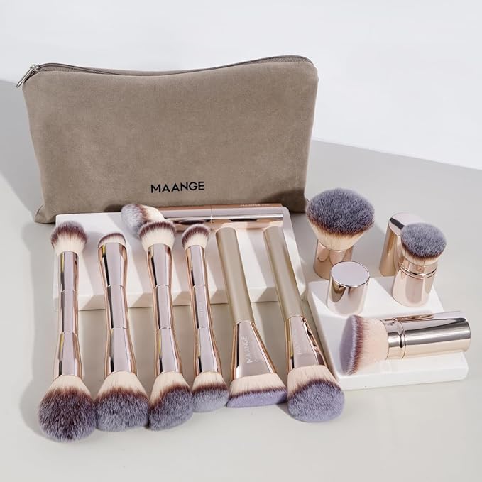 MAANGE Makeup Brush Set 10 Pcs Makeup Brushes with Zipper Bag, Double-End Multi-functional Makeup Brushes for Blending Liquid Powder Concealer Cream Blush Buffe, Champagne Gold