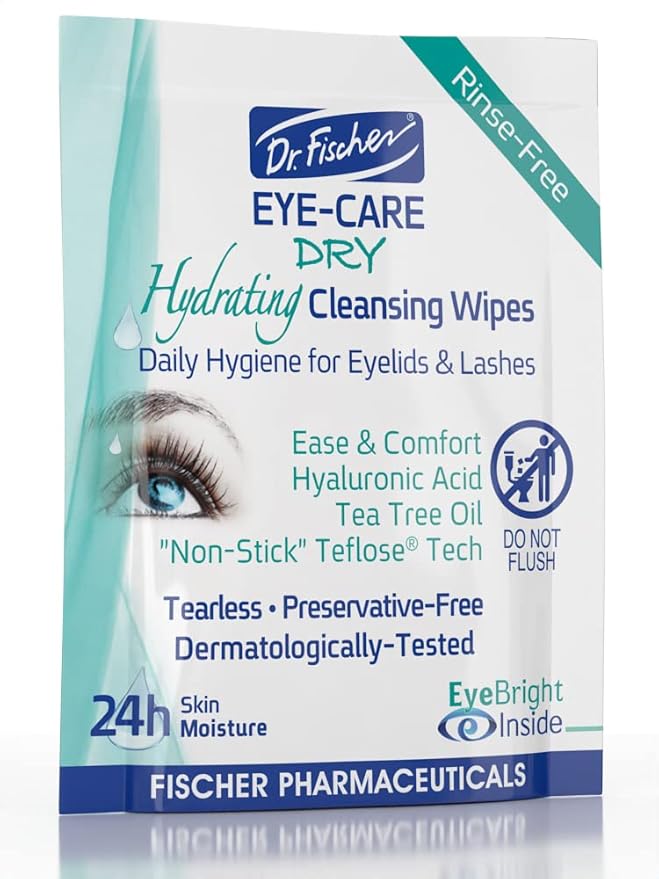Dr. Fischer Tea Tree Eyelid Wipes for Dry Eyes - Gentle Eye Wipes for Everyday Eye Conditions and Hypoallergenic Makeup Remover (60 Wipes)