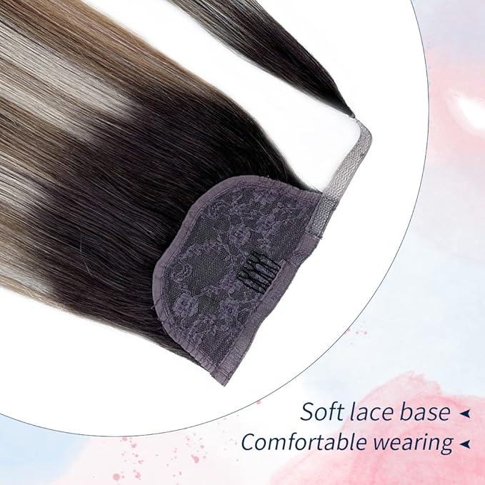 Ponytail Extension Human Hair Balayage Walnut Brown to Ash Brown with Bleach Blonde Highlights Ponytail Hair Pieces Clip in Wrap Around Pony Remy Hair Extensions for Women 14 Inch 80G #3T8P613