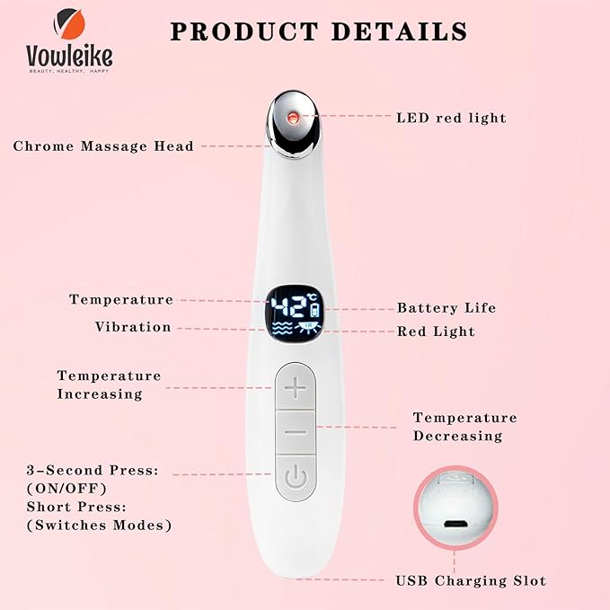 Eye Lift Wand, 3 in 1 Vibrating Red Light 98°F to 113°F LCD Display Eye Massager for Dry Eyes, Dark Circles and Puffiness, Electrical Face, Neck Sculpting Pen for Fine Lines and Wrinkles
