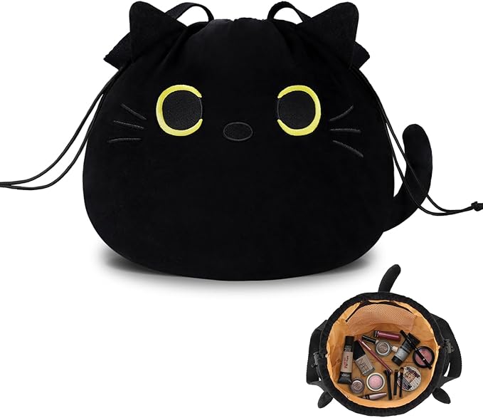 Funny Cat Drawstring Makeup Bag - Large Capacity Cute Travel Toiletry Bag Cosmetic Bag Pouch Organizer - Valentines Day Mothers Easter Birthday Unique Gifts for Women Girls Cat Lovers-Black
