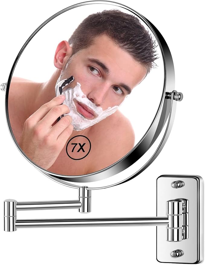 8” Wall Mounted Magnifying Makeup Mirror 1X/7X Wall Mount Mirror Swing Arm Two-Sided 360° Swivel Bathroom Shaving Mirror for Men and Women in Hotel/Home, Chrome
