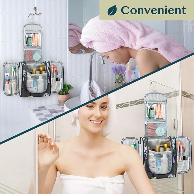 PAVILIA Toiletry Bag Travel Bag for Women Men, Hanging Cosmetic Organizer, Water Resistant Makeup Bag for Accessories Toiletries, Large Travel Essentials Kit (Floral Grey)