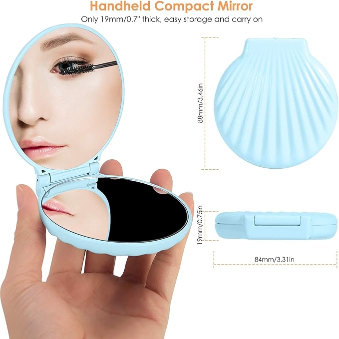 Compact Mirror, Travel Makeup Mirror, Mini Mirror for Purse, Handbag, 2-Sided 1X/2X Magnification Pocket Mirror, 3.5 inch Small Folding Portable Handheld Mirror (Round, No Light, Blue)