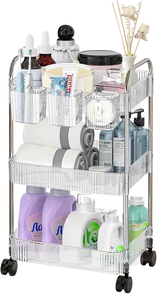 3 Tier Rolling Cart with Hanging Basket, Easy Assembly Acrylic Storage Carts with Lockable Wheels, Utility Cart Storage Organizer Serving for Office, Living Room, Kitchen, Bathroom