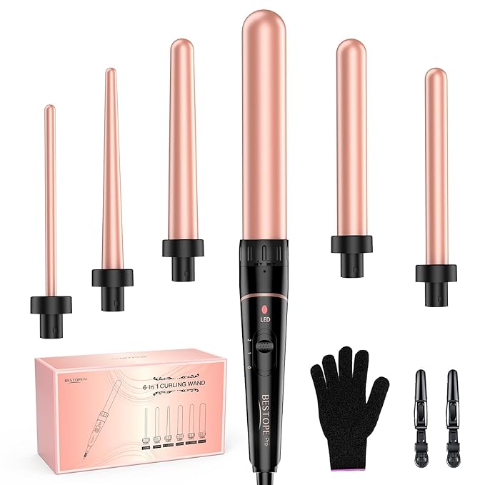 Long Barrel Curling Iron Wand Set, BESTOPE PRO 6 in 1 Curling Wand Set with Ceramic Barrel for Long/Medium Hair, 0.35"-1.25" Interchangeable Hair Wand Curler, Dual Voltage, Include Glove & Clips