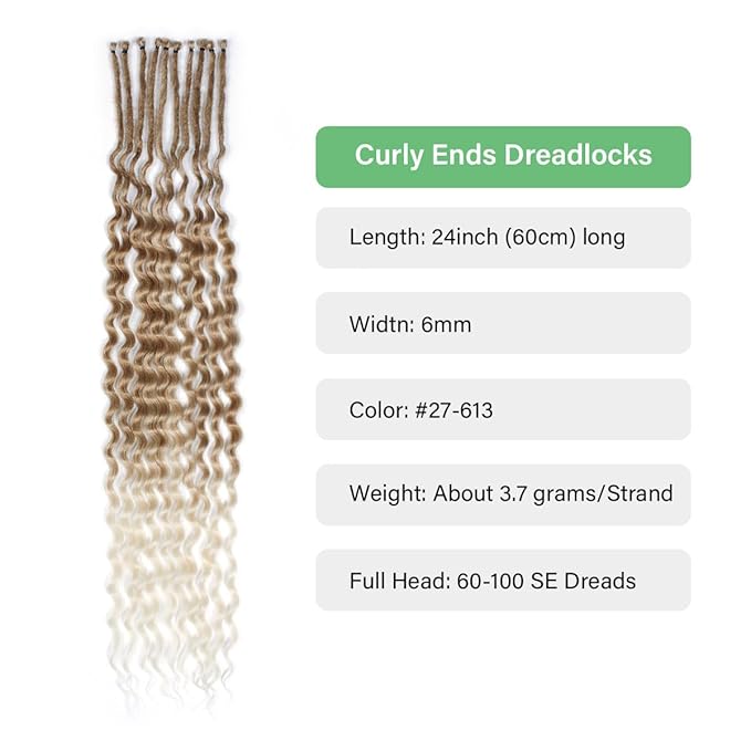 24 In 30 Strands Curly Dreadlock Extensions, Brown to Blonde Synthetic Single Ended Dreads Extensions, 100% Handmade Dreads Hippie Style Dreadlocks for Woman