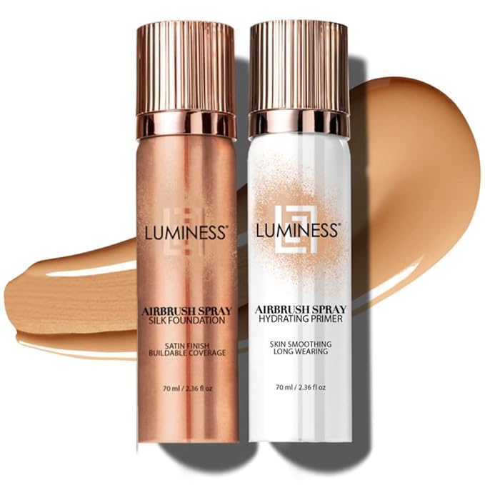 LUMINESS Silk Airbrush Spray Foundation & Primer Kit - Full Coverage Foundation, Anti-Aging Formula Hydrates & Moisturizes with Hyaluronic Acid, Aloe Vera & Hydrolyzed Silk (Shade - Medium)