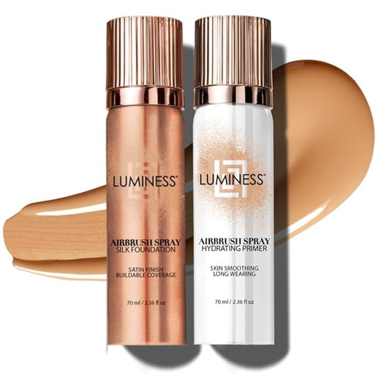LUMINESS Silk Airbrush Spray Foundation & Primer Kit - Full Coverage Foundation, Anti-Aging Formula Hydrates & Moisturizes with Hyaluronic Acid, Aloe Vera & Hydrolyzed Silk (Shade - Medium)